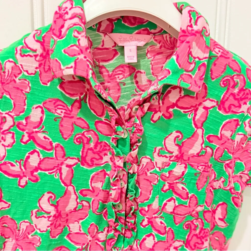 LILLY PULITZER Pink & Green Floral Print Short Sleeve Polo Tshirt Dress Size S - Image 5