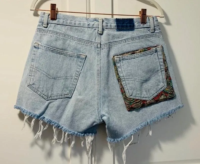 Vintage High Rise Mom Jean Denim Shorts Crochet 28 Blue - Image 2
