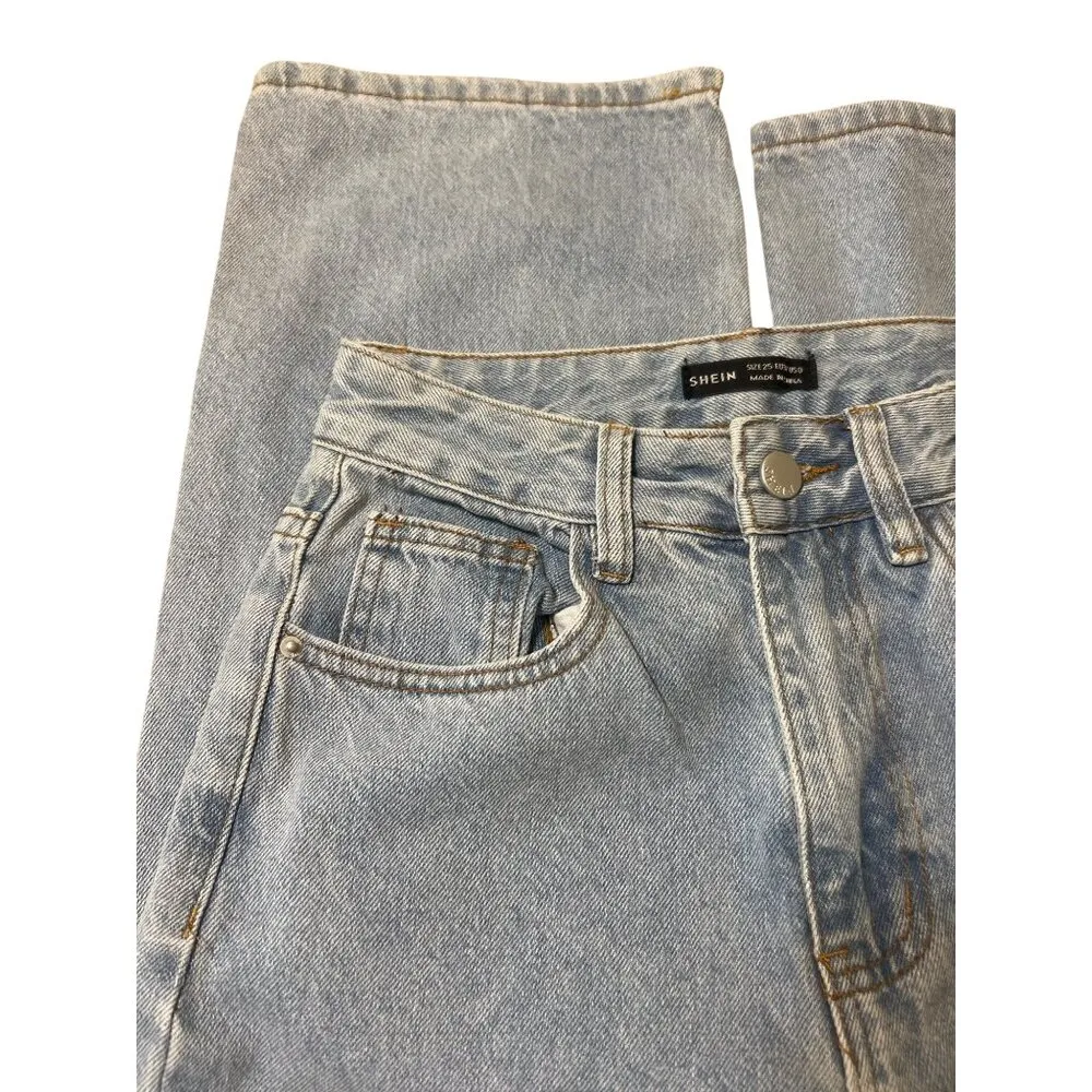 Shein Light Wash Distressed Ripped High Waisted Straight Leg Jeans Holes Size 0 - Image 3