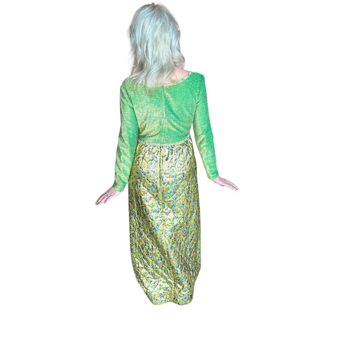 Vintage Alfred Werber Green & Gold toned Metallic Long Sleeve Maxi Dress Size 12 - Image 2