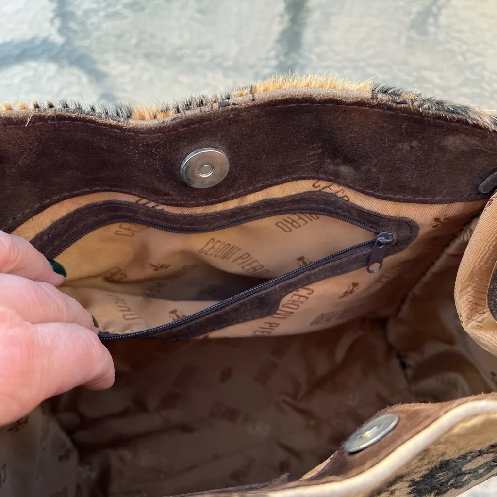 Cecconi Piero Womens Tote Leather Calf Hair handbag Floral Boho‎ Western Italy Brown - Image 14