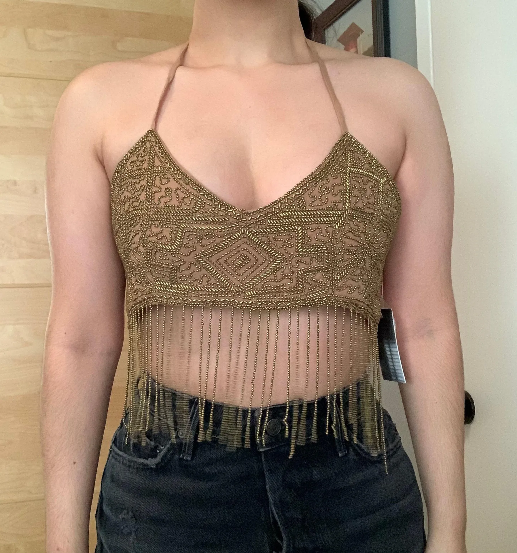 NWT $79  gold intricate beaded embellished festival backless tie halter crop top - Image 5