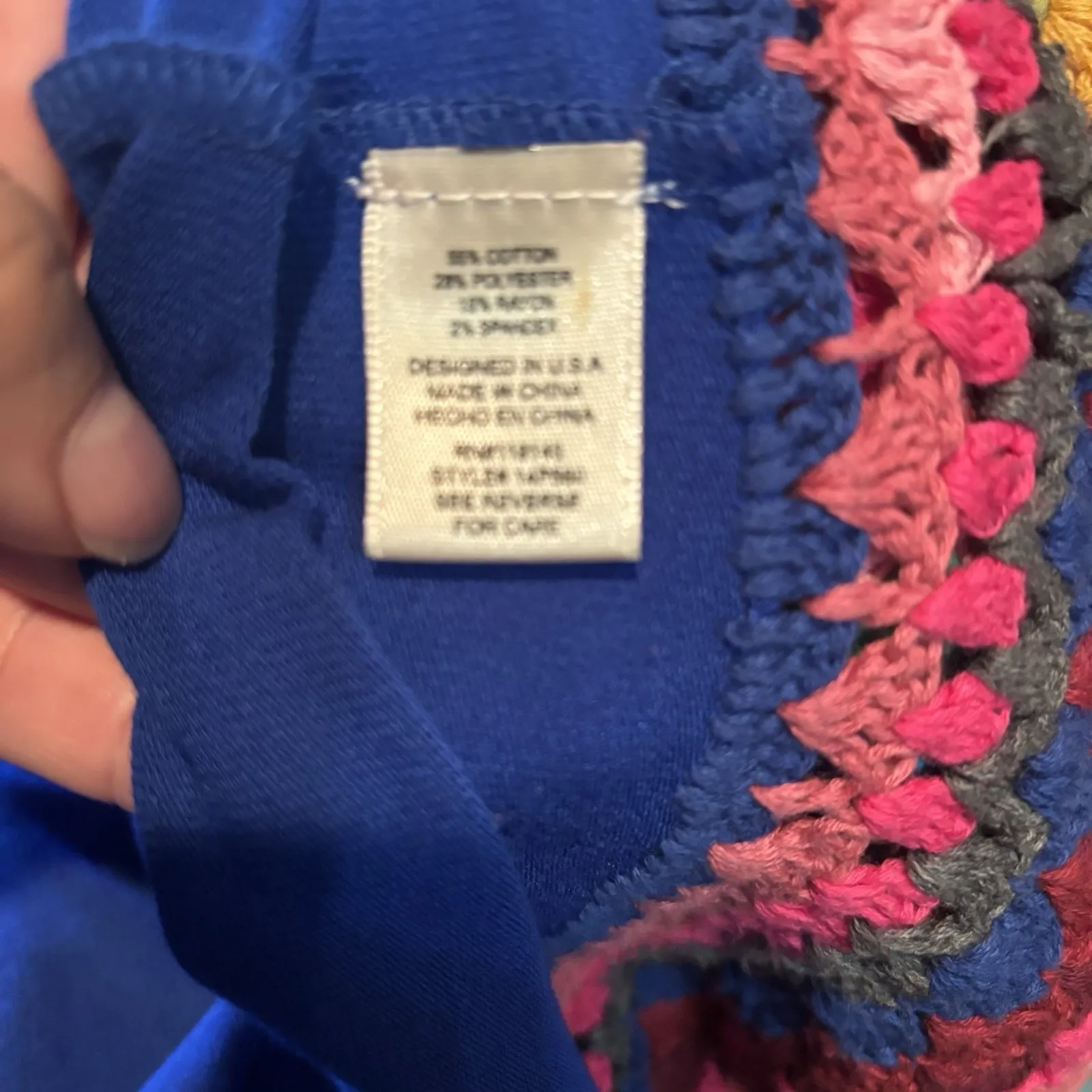 Double Zero Blue Open-Front Cardigan Rainbow Crochet Trim Sweater Medium‎ - Image 7