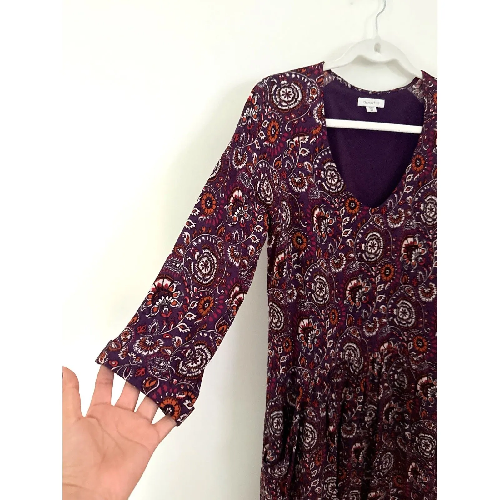 Garnet Hill Bohemian Pocket Paisley Detail 3/4 Sleeve Flowy Boho Dress Sz 08 - Image 5