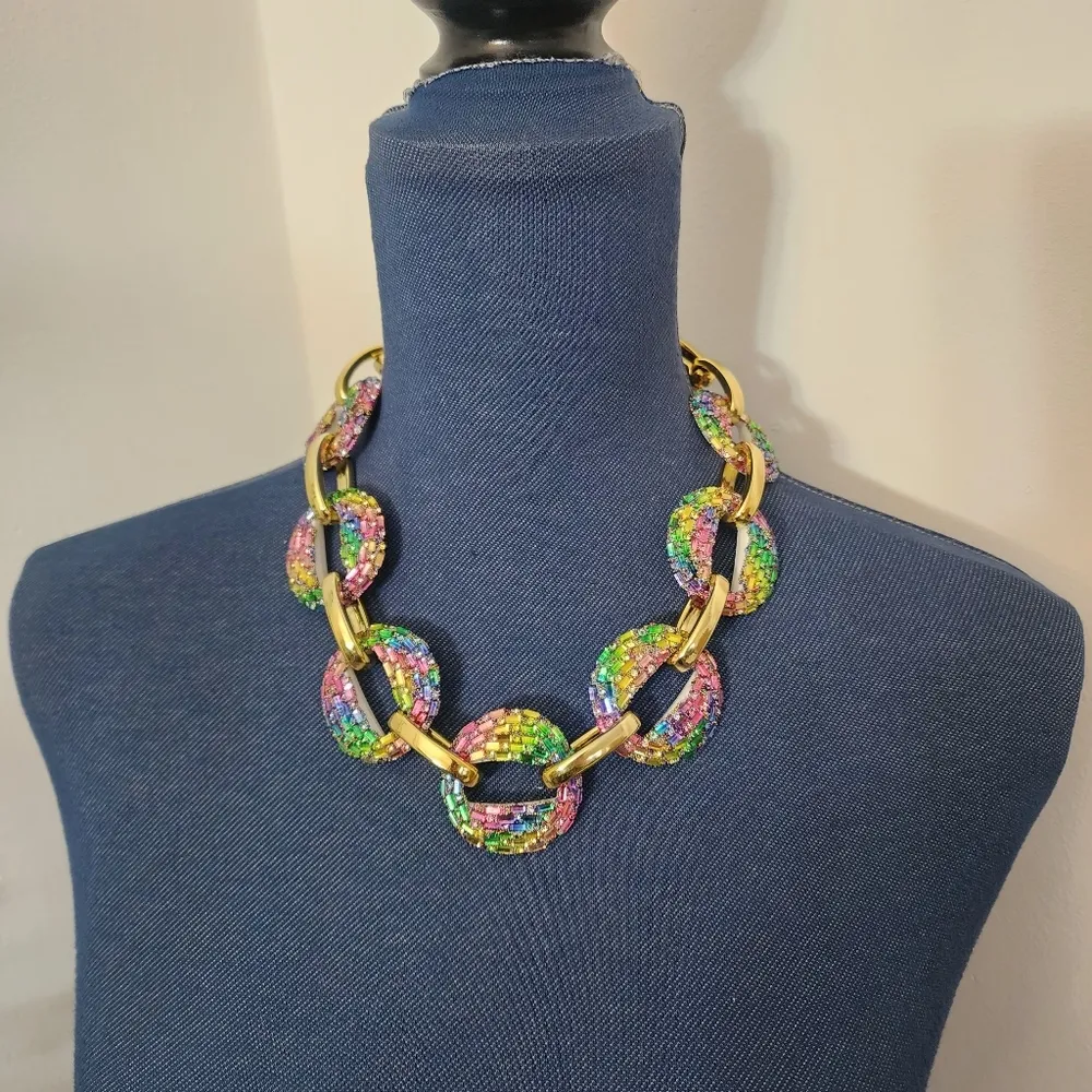Chunky Colorful Acrylic Chain Link Necklace Gold - Image 7