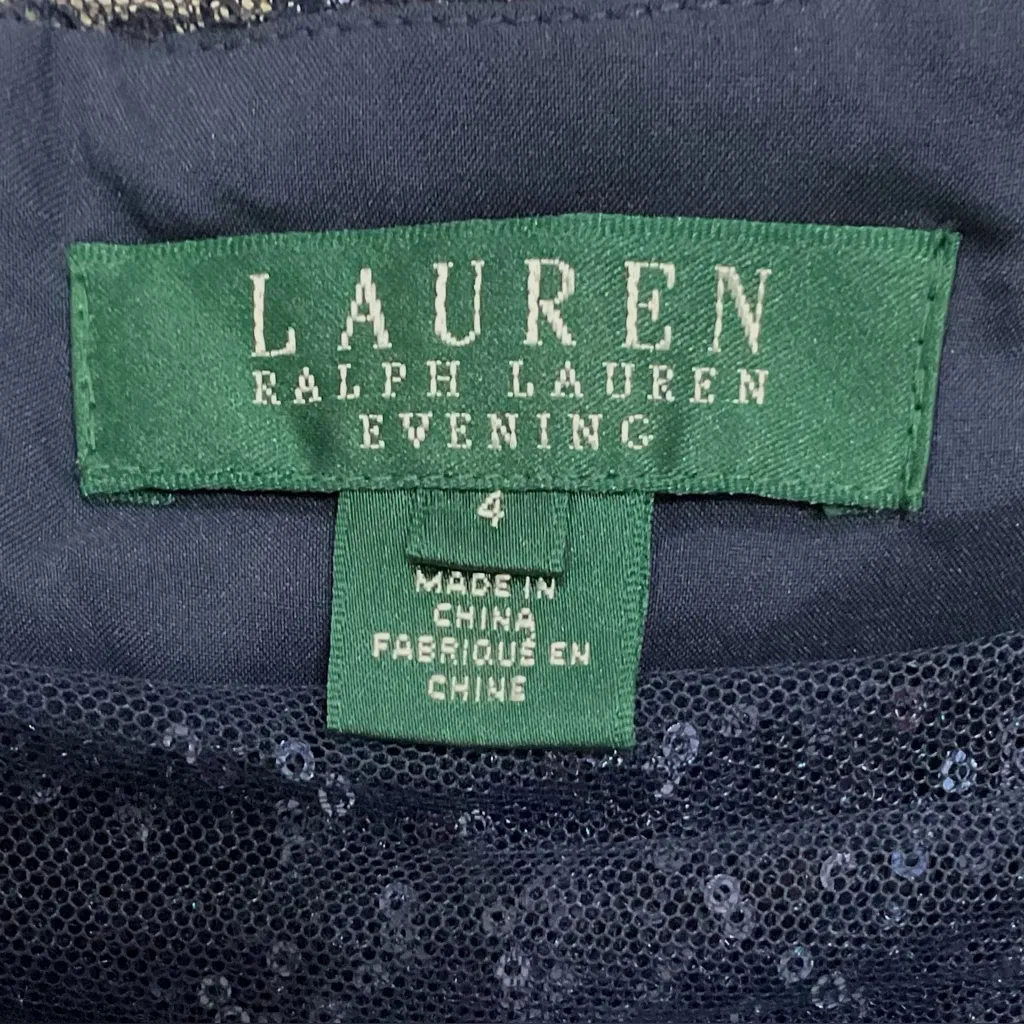 Lauren Ralph Lauren Cocktail Dress Ruched Cap Sleeve Sheath Sz 4 Navy Sequins - Image 4