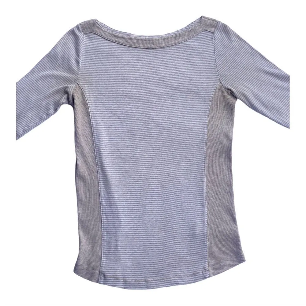 LL Bean Boat Neck Beige Stripe Three Quater Sleeve Top Size M - Image 8