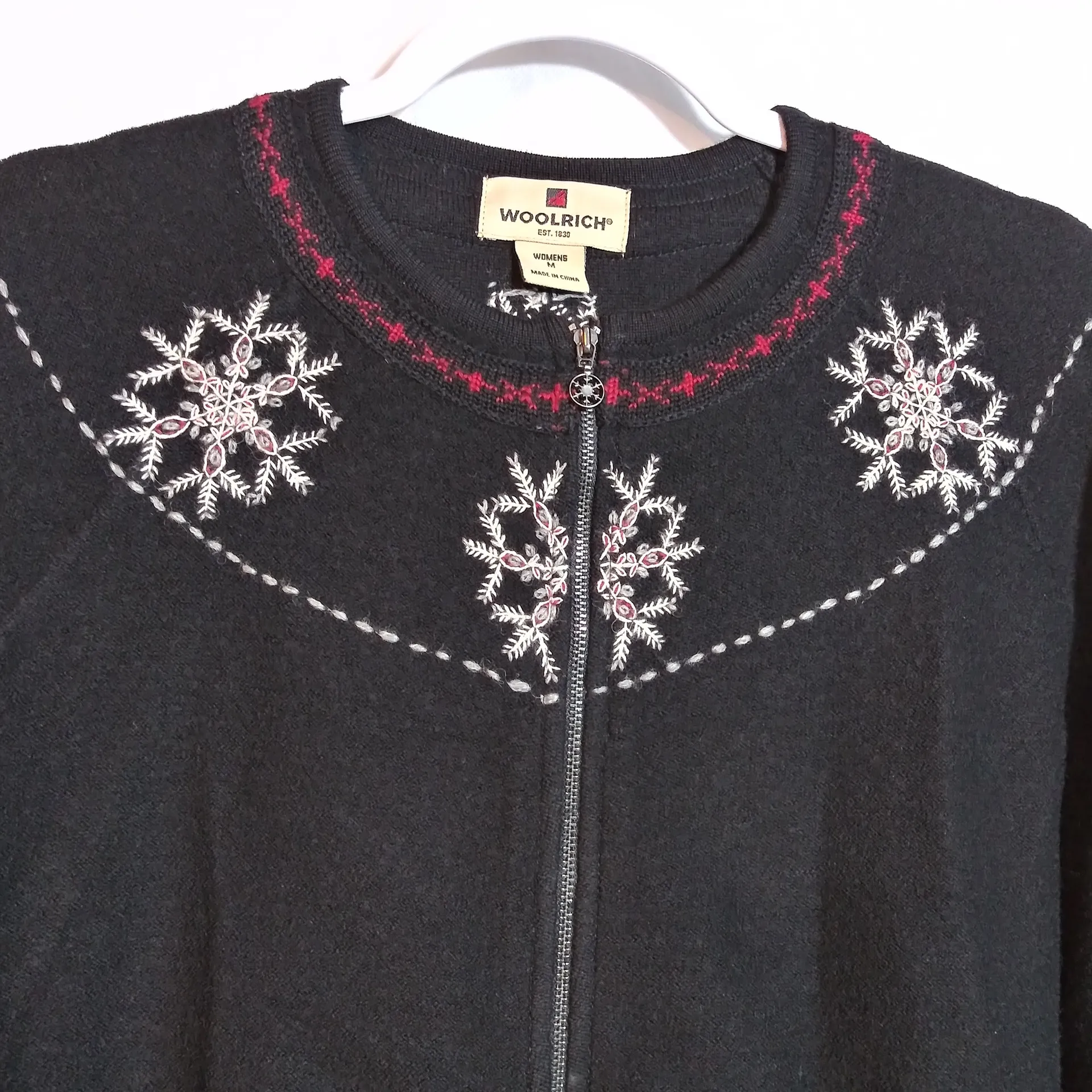 Woolrich Vintage Black Cardigan with Embroidered Snowflake Design Full Zip Sz M - Image 5