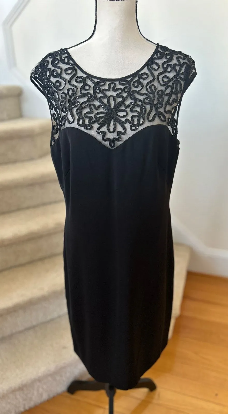 JS Collections Black Illusion Ribbon Sequin Cap Sleeve Sheath Cocktail Dress - Image 1