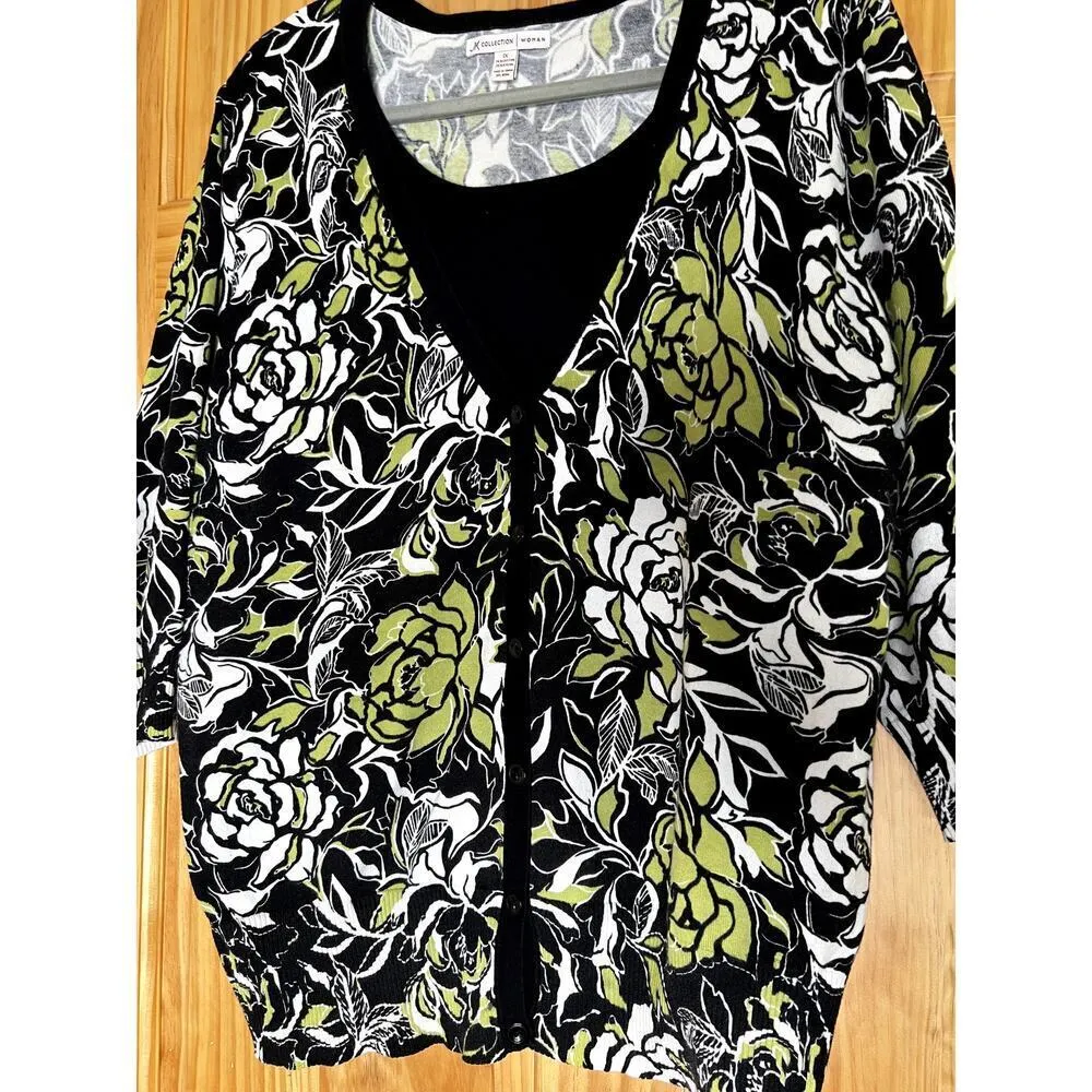 JM Collection size 1X sweater black & green floral lagenlook - Image 5