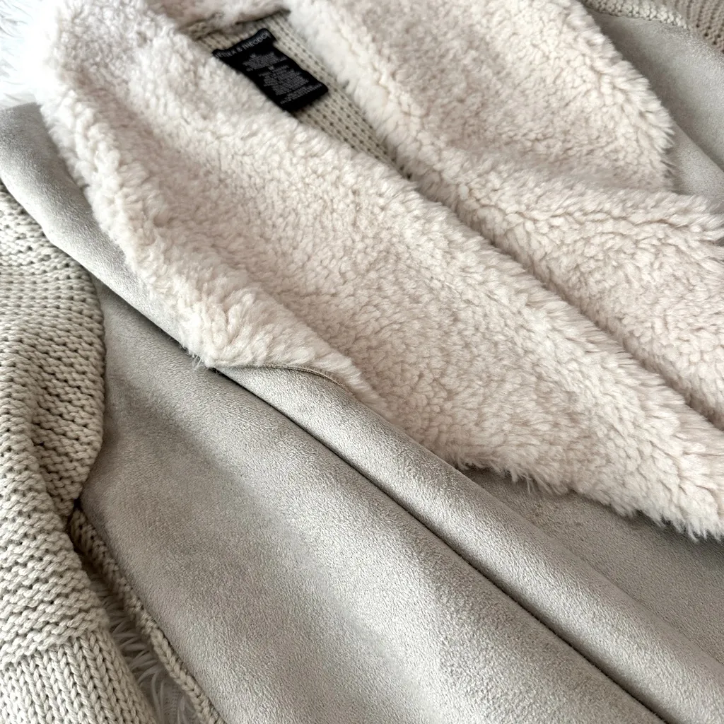 Chelsea & Theodore Oyster Faux Suede Sherpa Open Front Cardigan Sweater M Tan Size M - Image 15