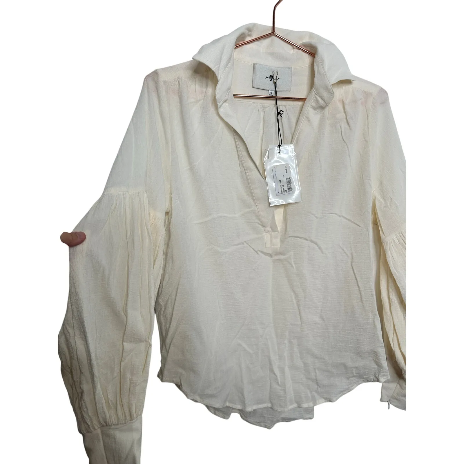 7 FOR ALL MANKIND Cream White Bubble Sleeve Zip Up Detail Blouse size XS NWT - Image 4