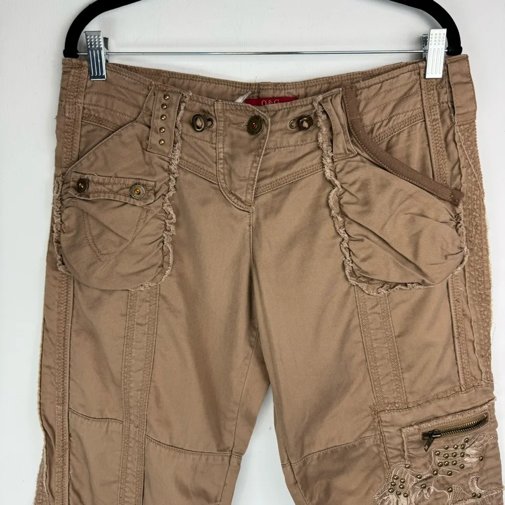 Y2K Original & Glamour Sz Large Cargo Baggy Crop Pants Patchwork Embroidered Tan - Image 3