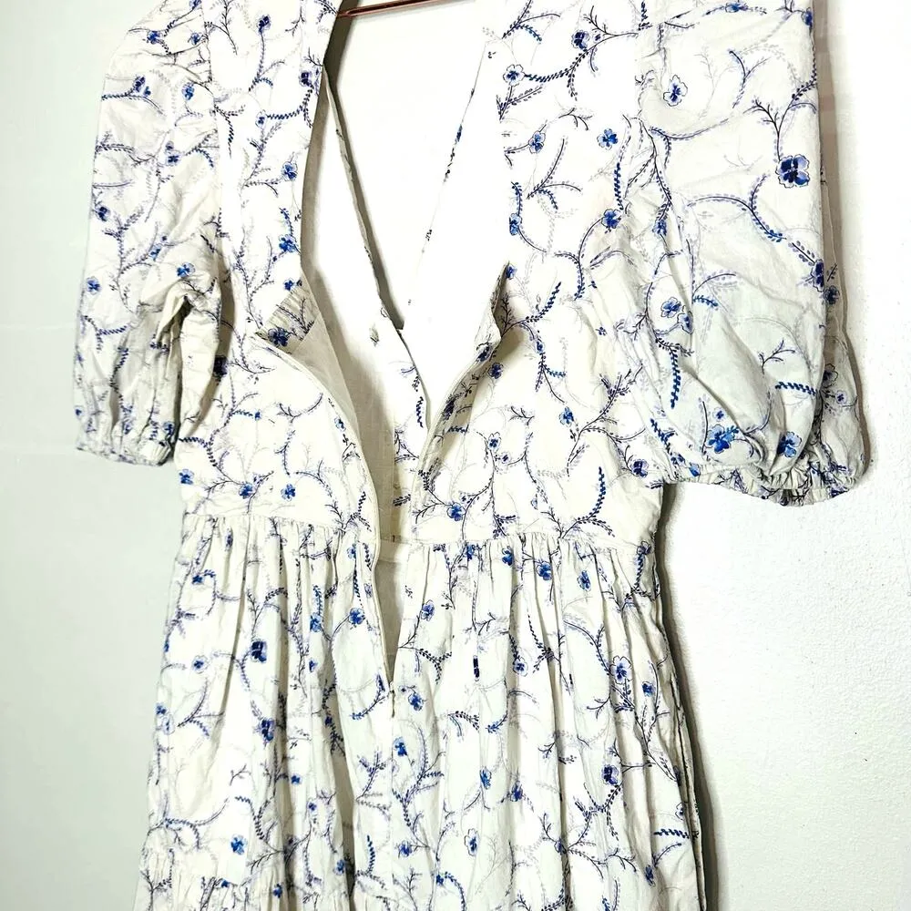 Nicholas Celie White Blue Floral Button Front Print Puff Sleeve Maxi Dress Sz 6 - Image 13