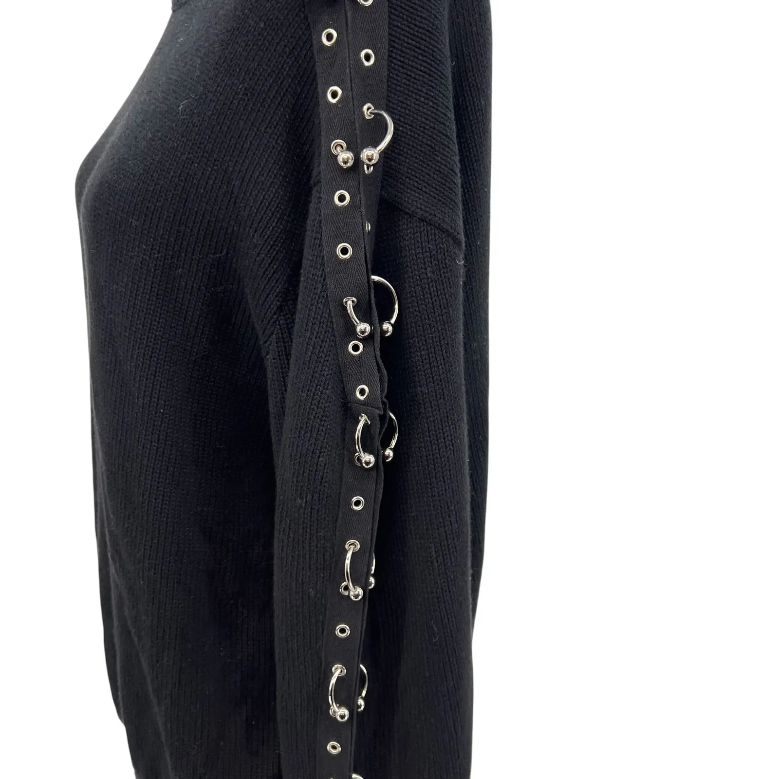 Furst of a Kind Sweater Knit Open Sleeve Grommet Ring Detail Black Size Medium - Image 6