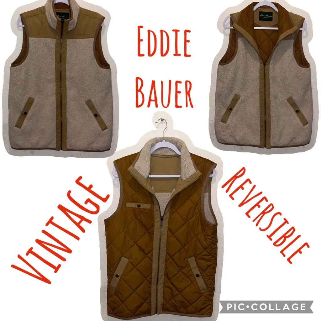 Vintage Unisex Eddie Bauer South REVERSIBLE Brown Quilted Vest Sherpa Lining - Image 3