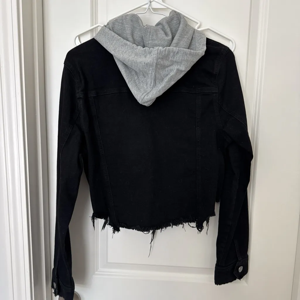 Black Label Black Denim Jacket with Gray Hood - Image 3