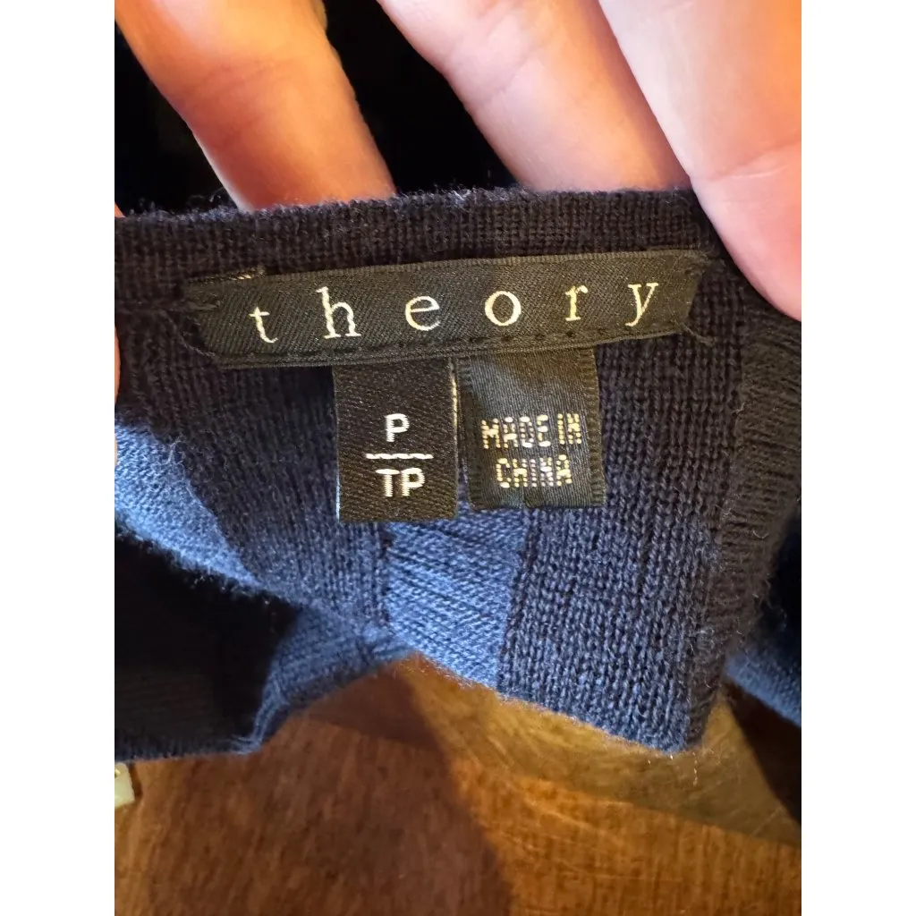 Theory Sweater Women XS Navy Blue Wool‎ Knit Wrap Fringe Detail Luxury Preppy - Image 8