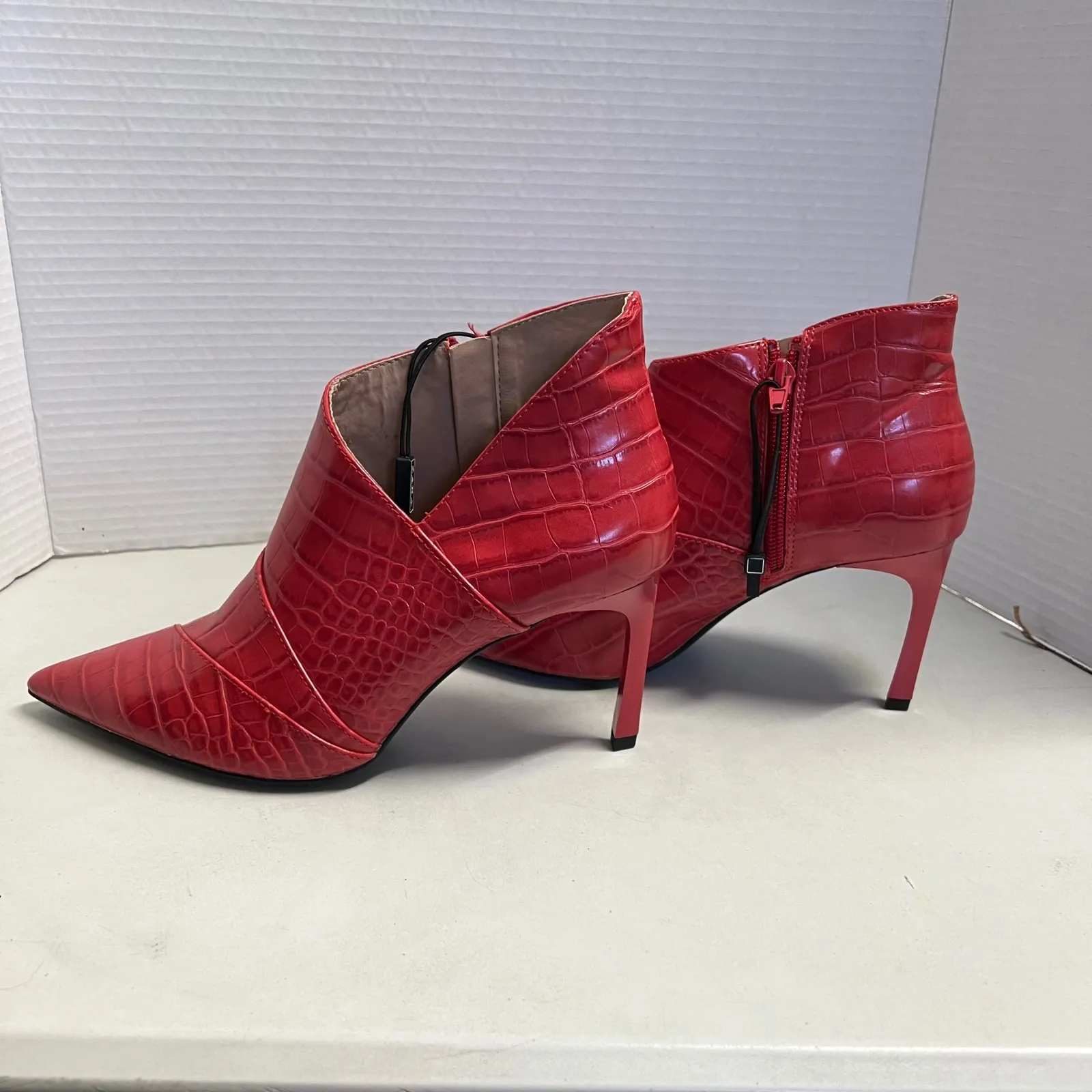ZARA Trafaluc Red Croc Embossed Point Toe Stiletto Heel Ankle Boots 38 US 7.5 - Image 6