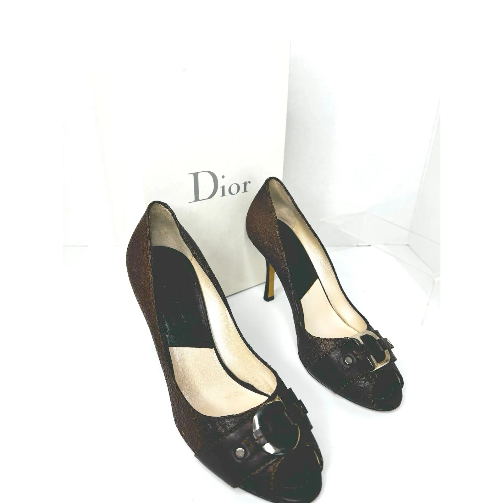 Christian Dior Gradient Brown Textured Leather Buckle Peep Toe Pumps Heels sz 39 - Image 10