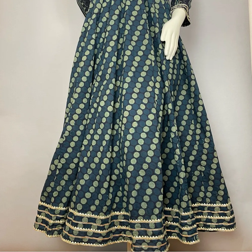 Idaho Clothing Indian Dress Maxi Scarf Set Dots Stripe Medium Cut Out Green Gold - Image 9