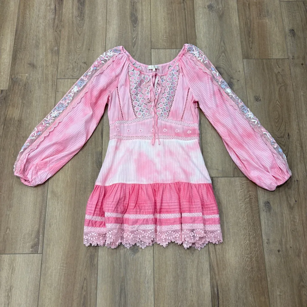 🌟LOVESHACKFANCY🌟 CHELIE EMBROIDERED BOHO DRESS FIT & FLARE PINK WHITE SZ 6 - Image 2