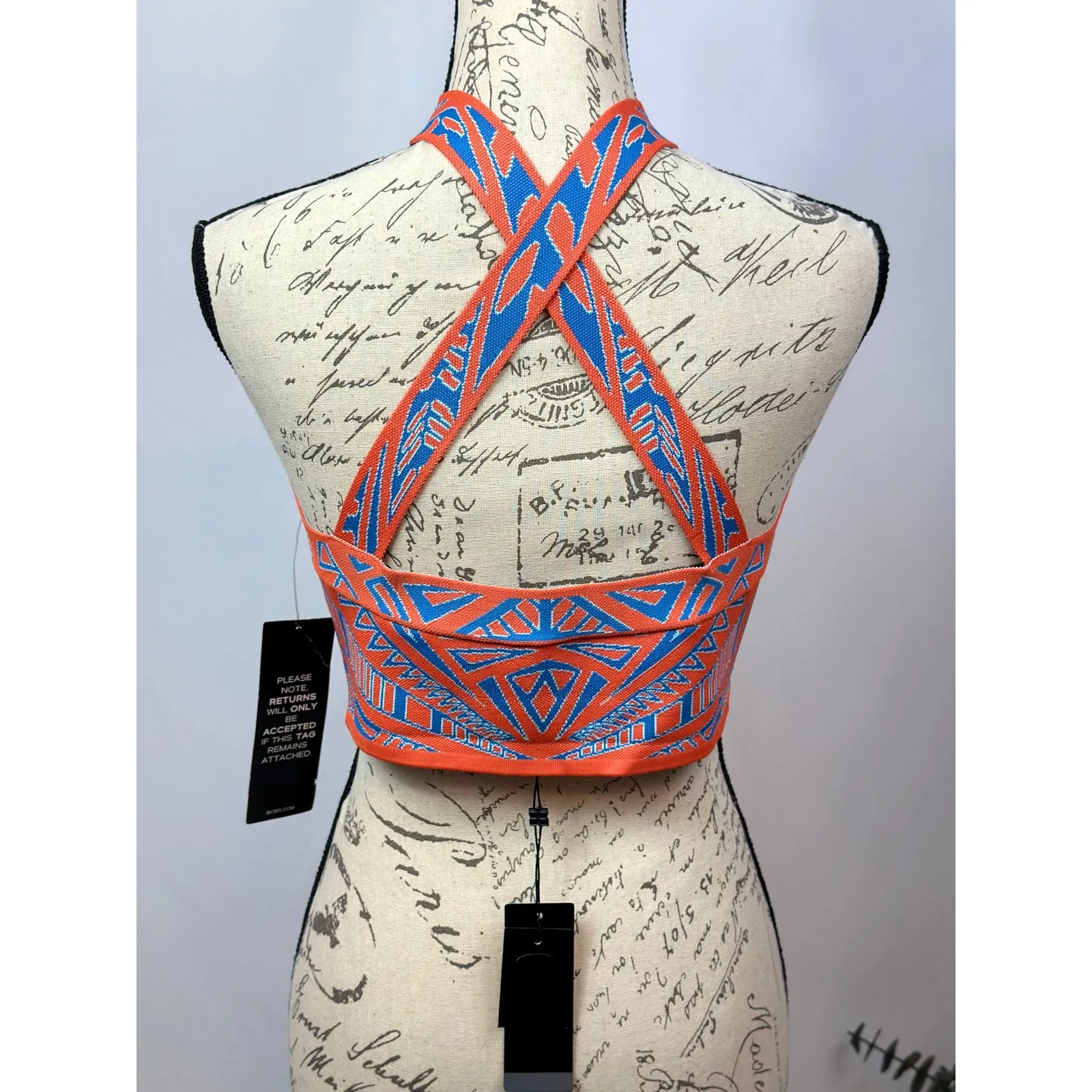 BCBGMaxAzria Katiya Crop Top in an Orange/Blue Geometric Print L - Image 5