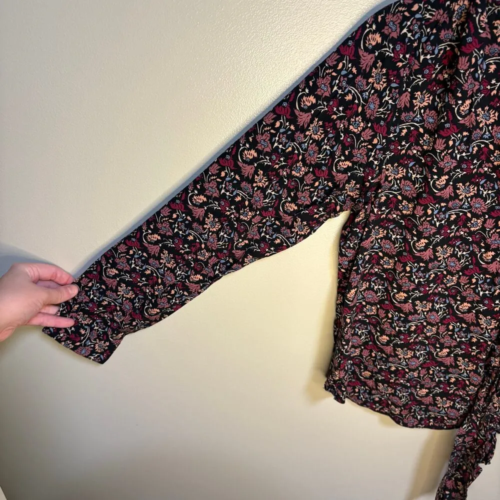 Loft V Neck Tie Front Black Pink Blue Floral Long Sleeve Blouse Flowy XSP Collar - Image 4