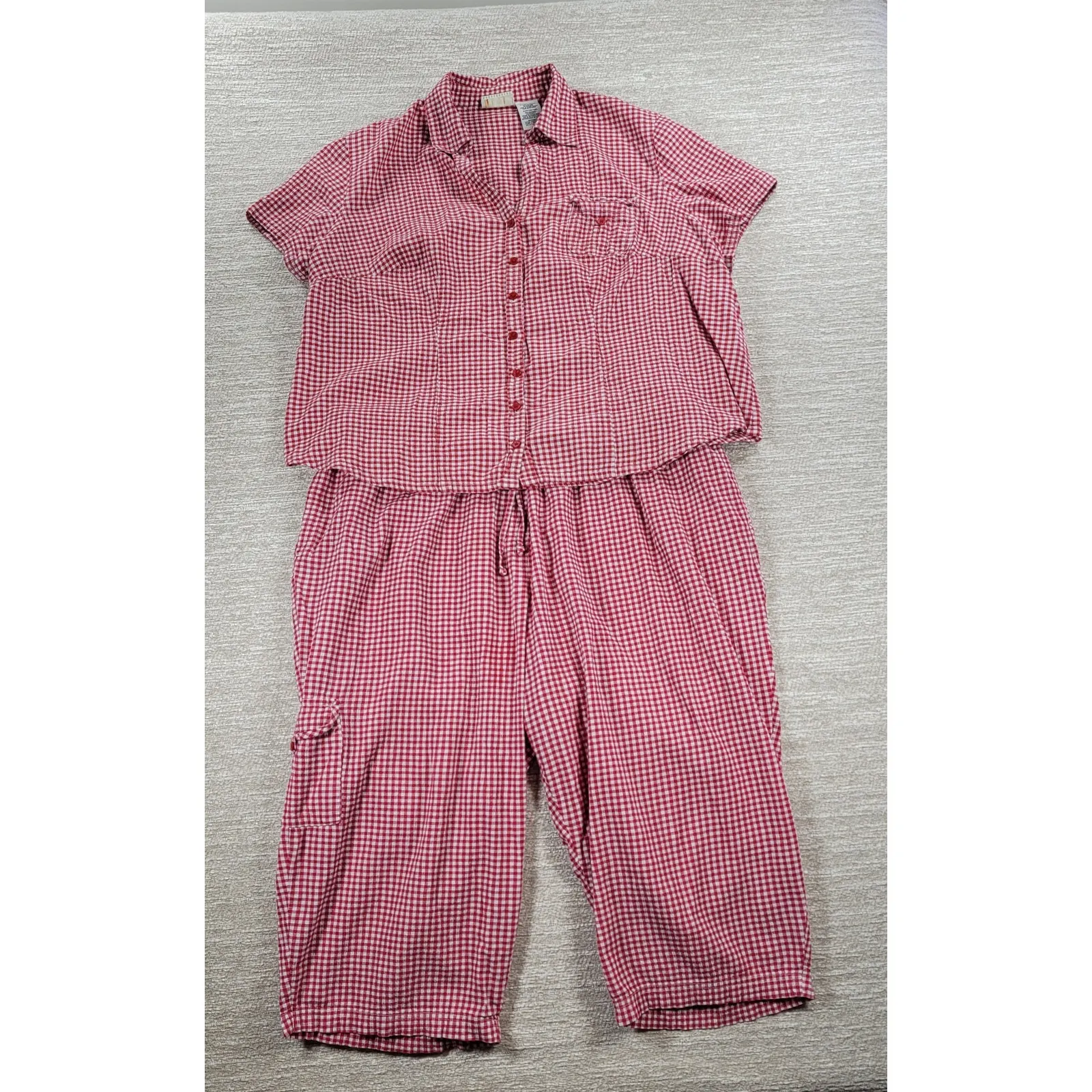 Vintage White Stag Shirt Capri Set Womens 2XL Red Gingham Button Down Pockets - Image 16