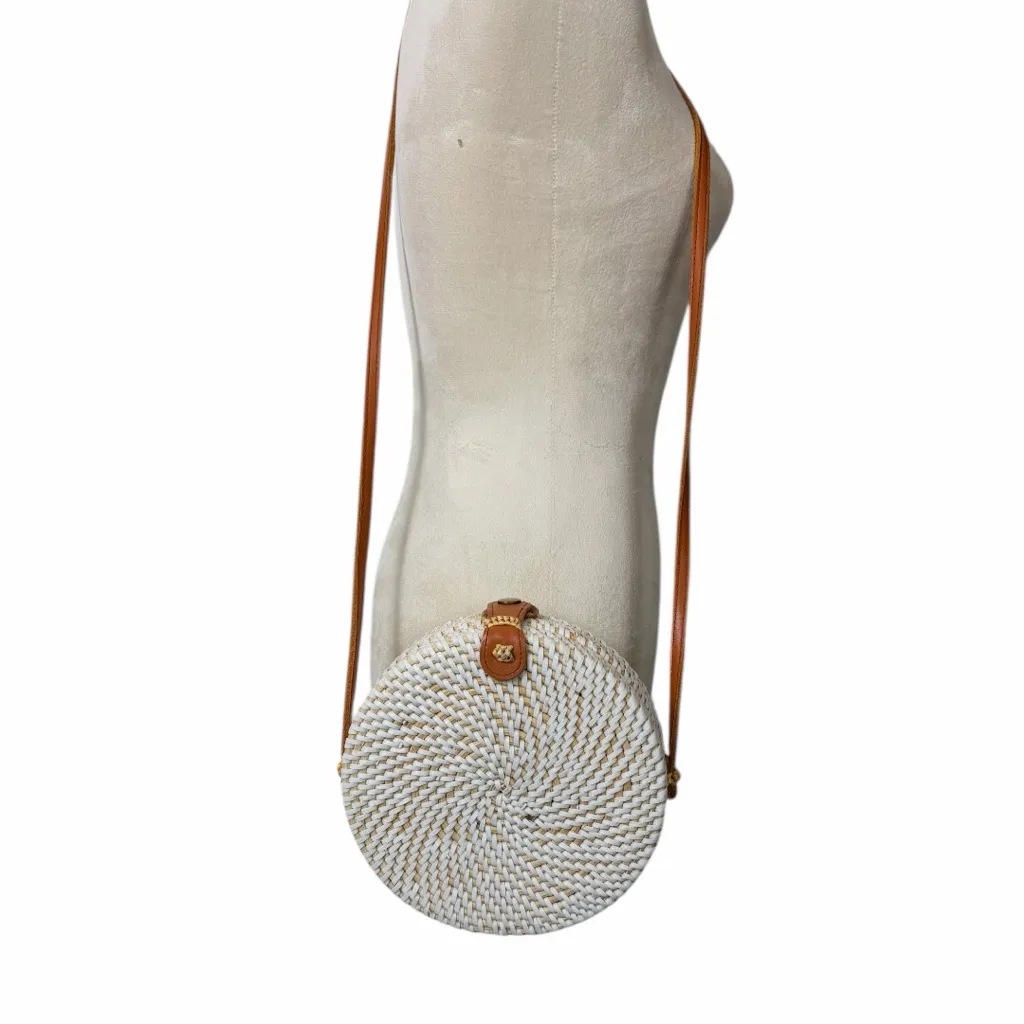 Boho Beach Cottagecore White Natural Rattan Woven Round Crossbody Bag One Size - Image 4