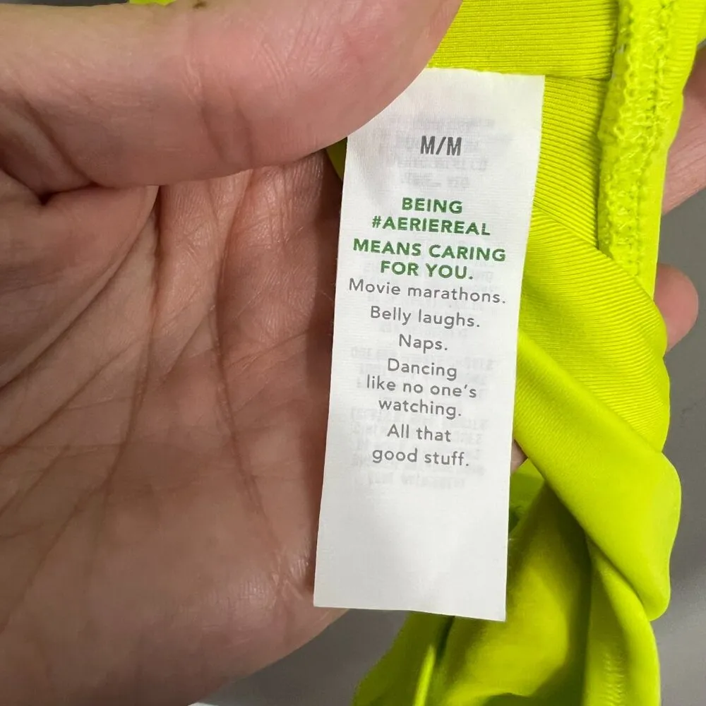 Aerie NWT Neon Green Jacquard Cut Out String One Piece Swimsuit Size Med - Image 4