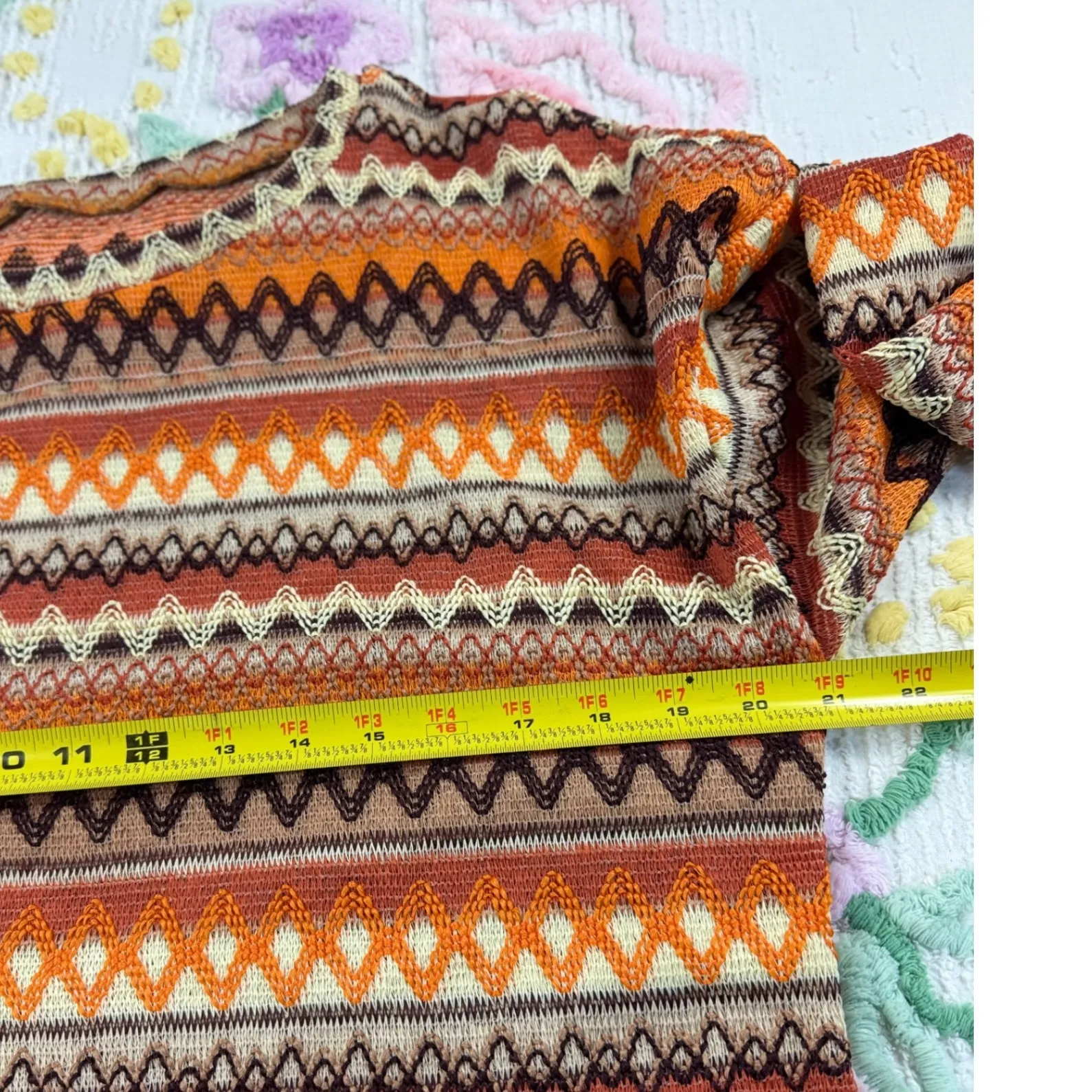 Retro Geometric Print Long Sleeve Sweater Top Orange Brown Beige Women's M - Image 4