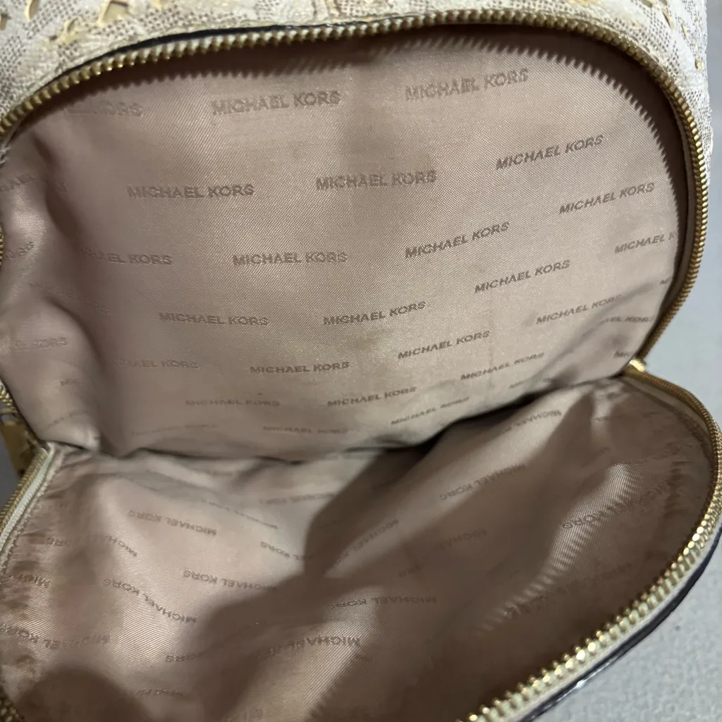 Michael Kors Inlay Patterned Cream and Gold Medium Size Spacious Backpack - Image 7