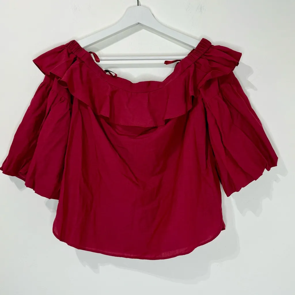 NWT BCBGMAXAZRIA Off Shoulder Shirred Blouse Ruffle Top Red Burgundy Size XS - Image 5