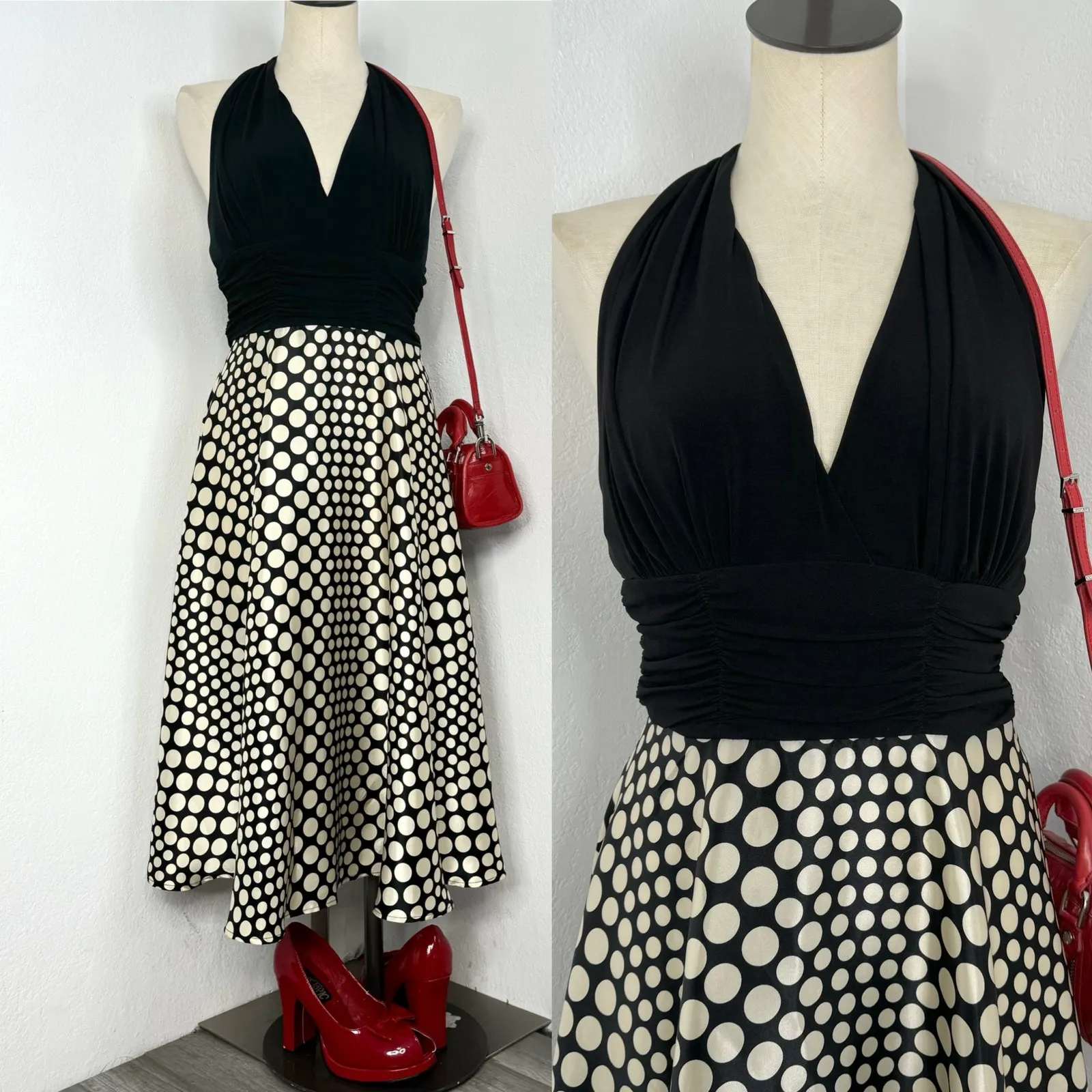 Reto Style Black Polkadot Halter Midi Dress Pin UP Size 8 - Image 2