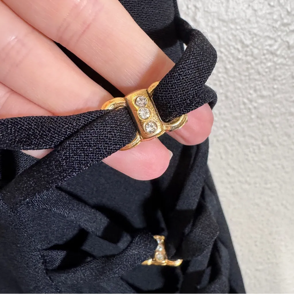 Vintage Black Short Sleeve Midi Dress Womens 14 Rhinestone Buttons 90s Coquette - Image 9