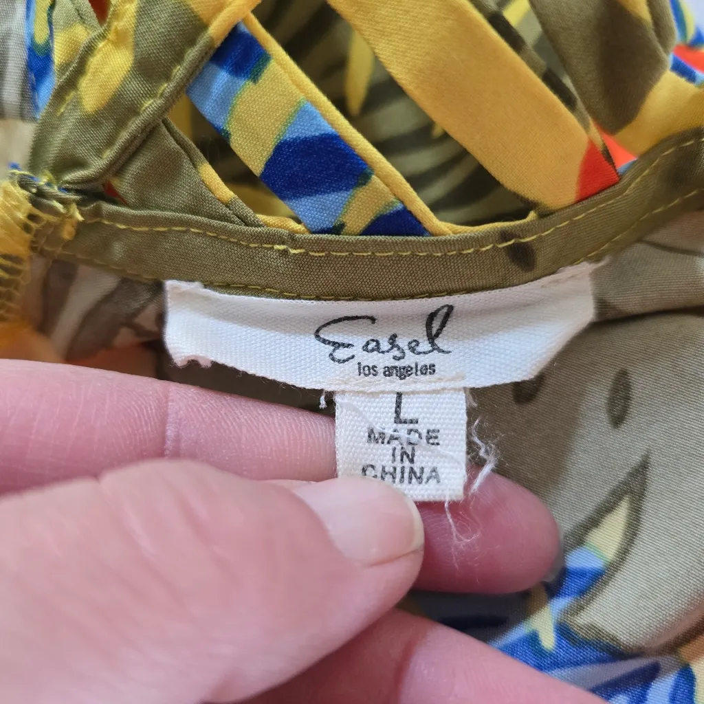 Easel Tropical Leaf Print Cropped Wide Leg Jumpsuit Size Large Festival Vacation - Image 7