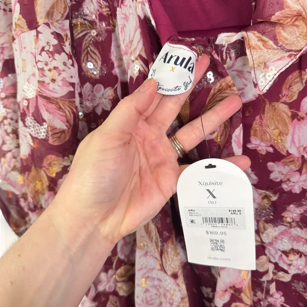 NWT ARULA Altar’D State Pink Floral Maxi Dress Long Sleeve Open Back Sequin XL X Red - Image 9