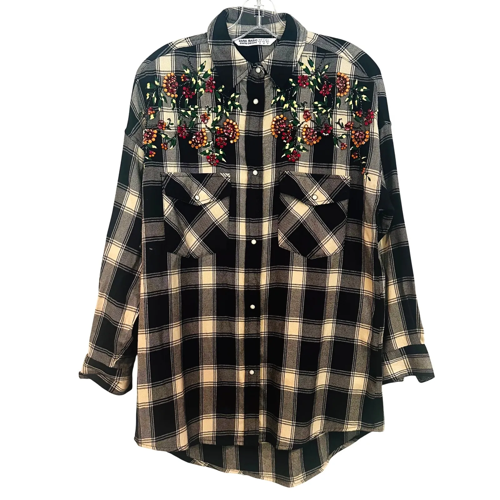 Zara Plaid Beaded Embellished Flannel Shirt Women's XS Black Western Boho Hippie - Image 4