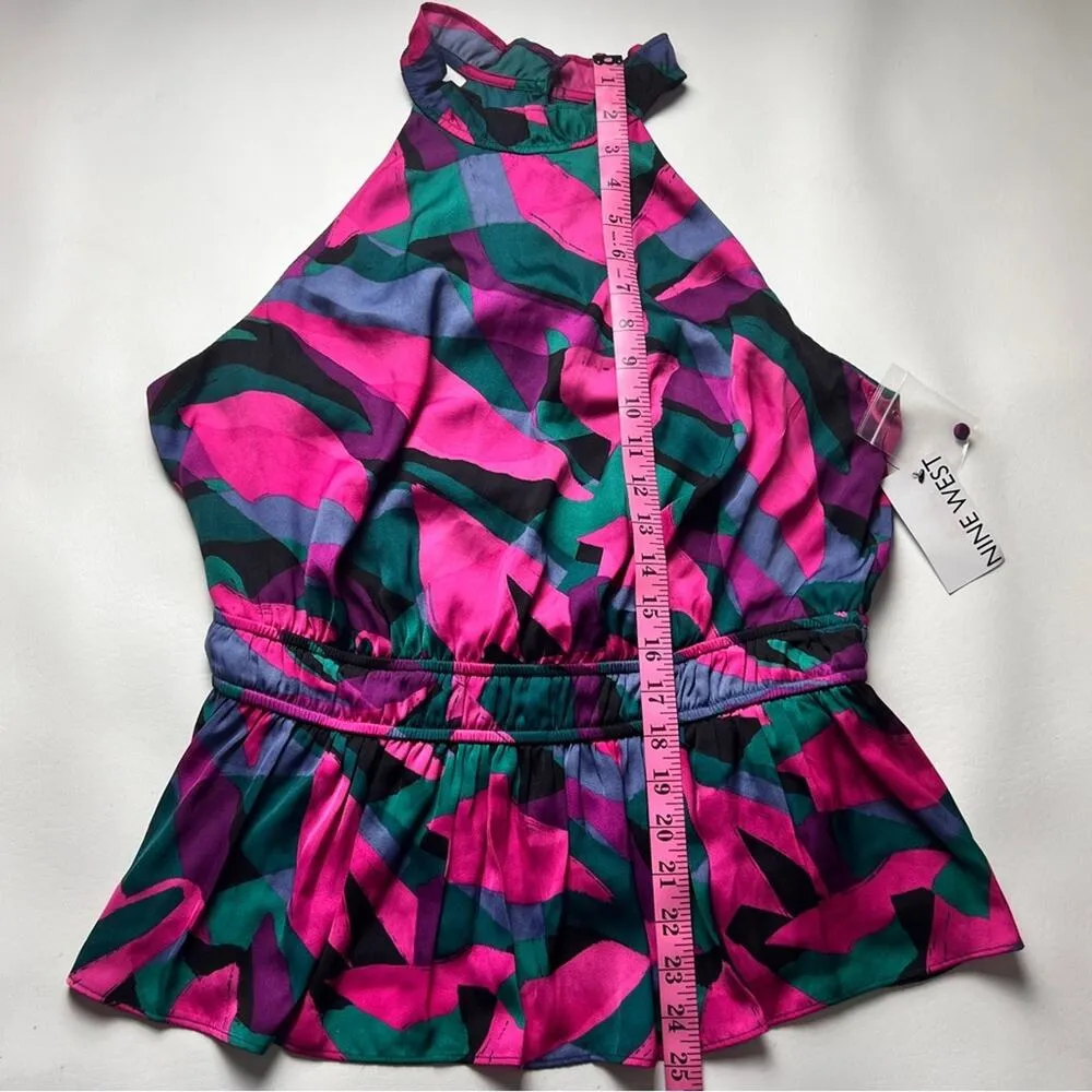 Nine West Women’s High Neck Floral Prism Elastic Waist Peplum Style Blouse Sz L - Image 2