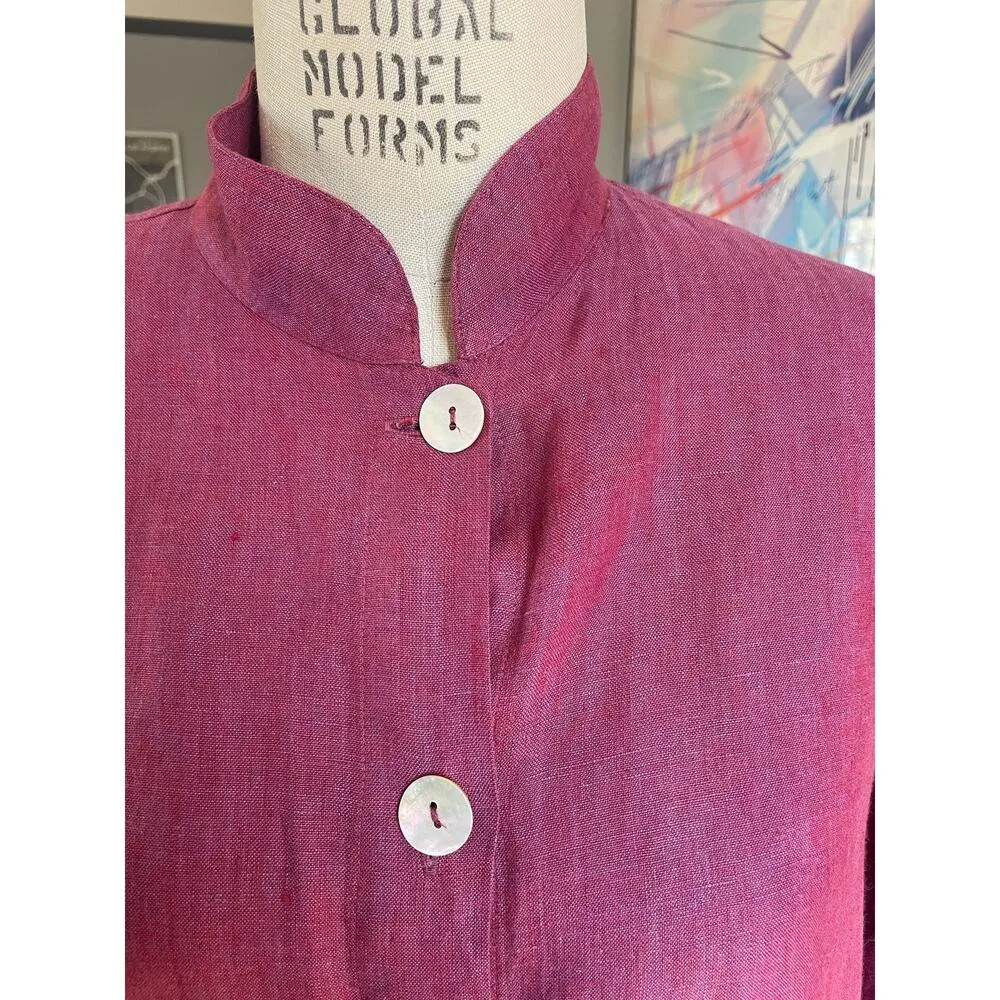 bryn WALKER 100% Linen Magenta Pink Relaxed Fit Standup Collar Blouse Size Small - Image 2