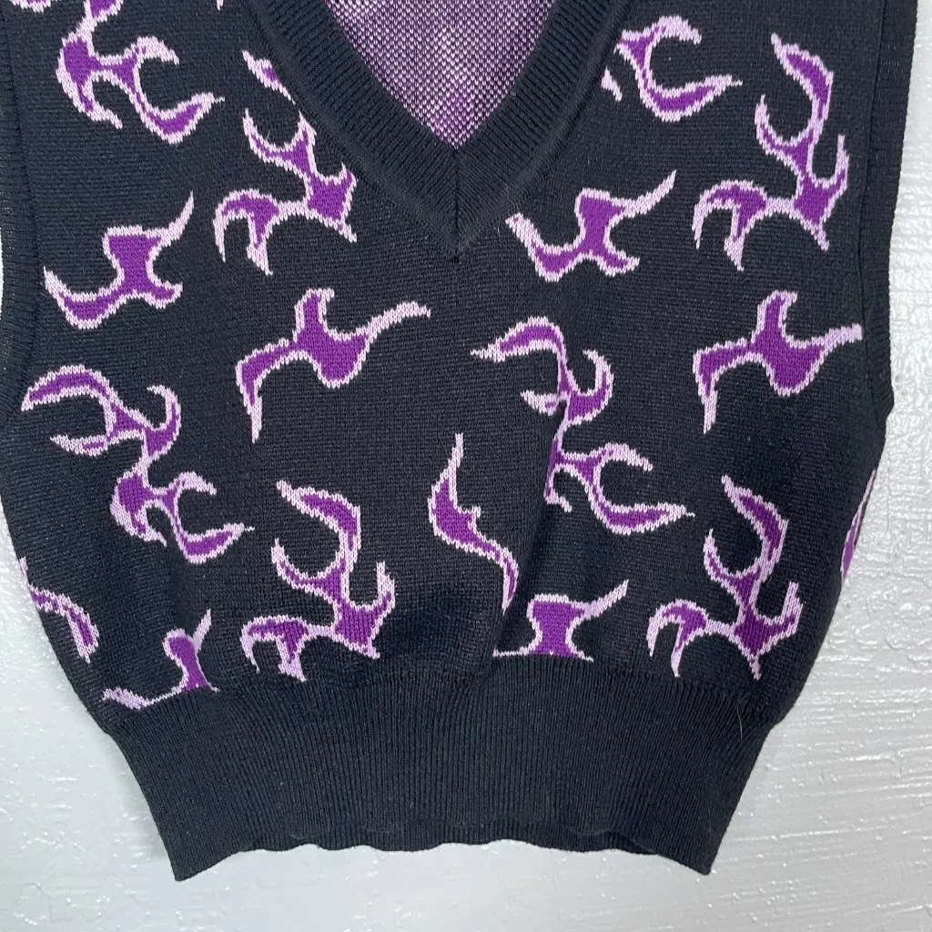 Pretty Damage Women M Black Purple Tribal Flame Sweater Vest Cropped V - Image 2