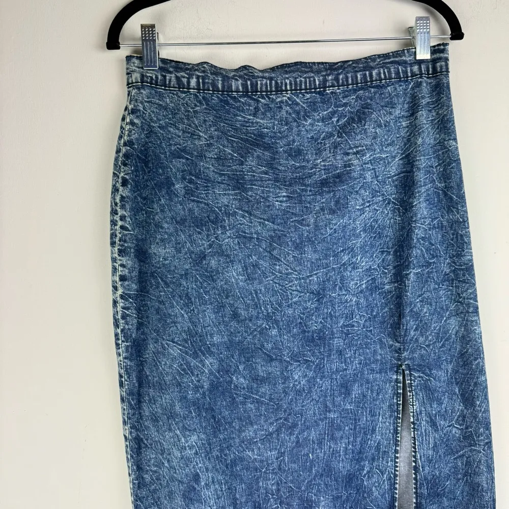Denim Midi Maxi Skirt Sz 1XL Acid Wash Stretch High Slit A Line - Image 3