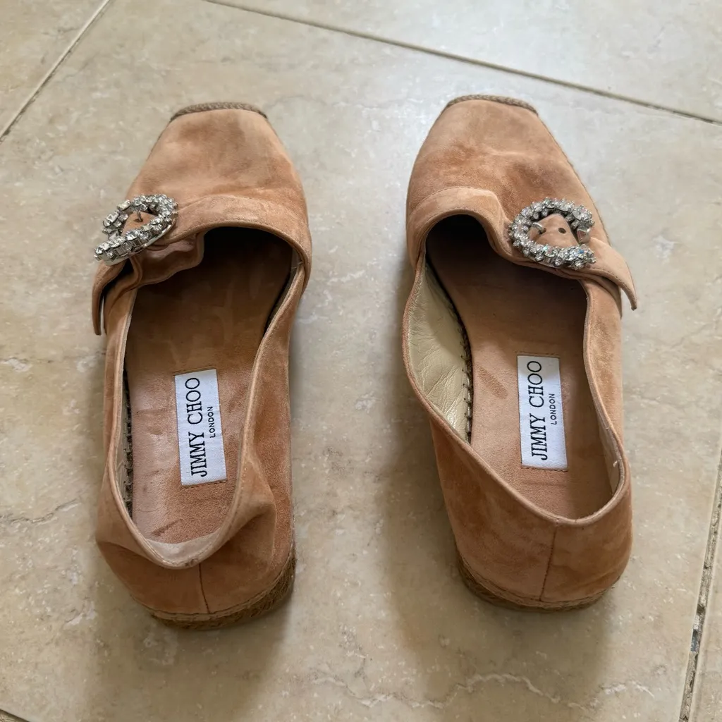 JIMMY CHOO Dru Crystal Embellished Suede Espadrilles Beige Sz 38 EU/8 US - Image 7