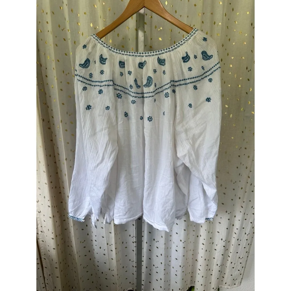 Marks & Spencer Pure Cotton Semi Sheer Embroidered Crinkle Long Sleeve Blouse 1X White - Image 4