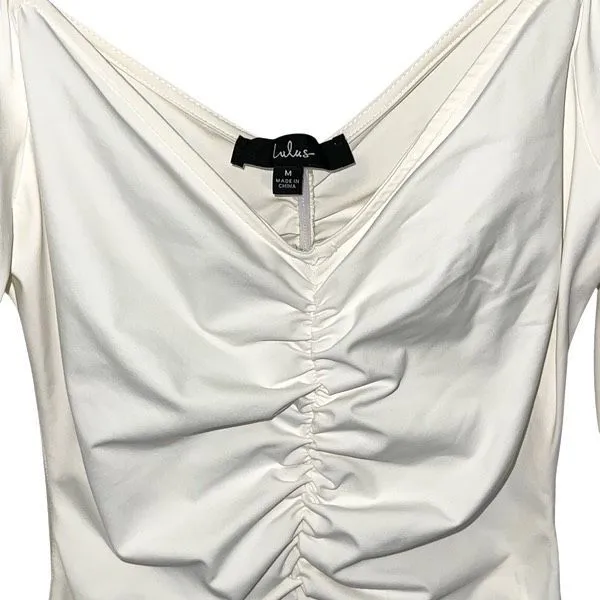 Lulus Womens‎ V-Neck Ruched Stretch Long Sleeve Bodysuit White Medium - Image 2