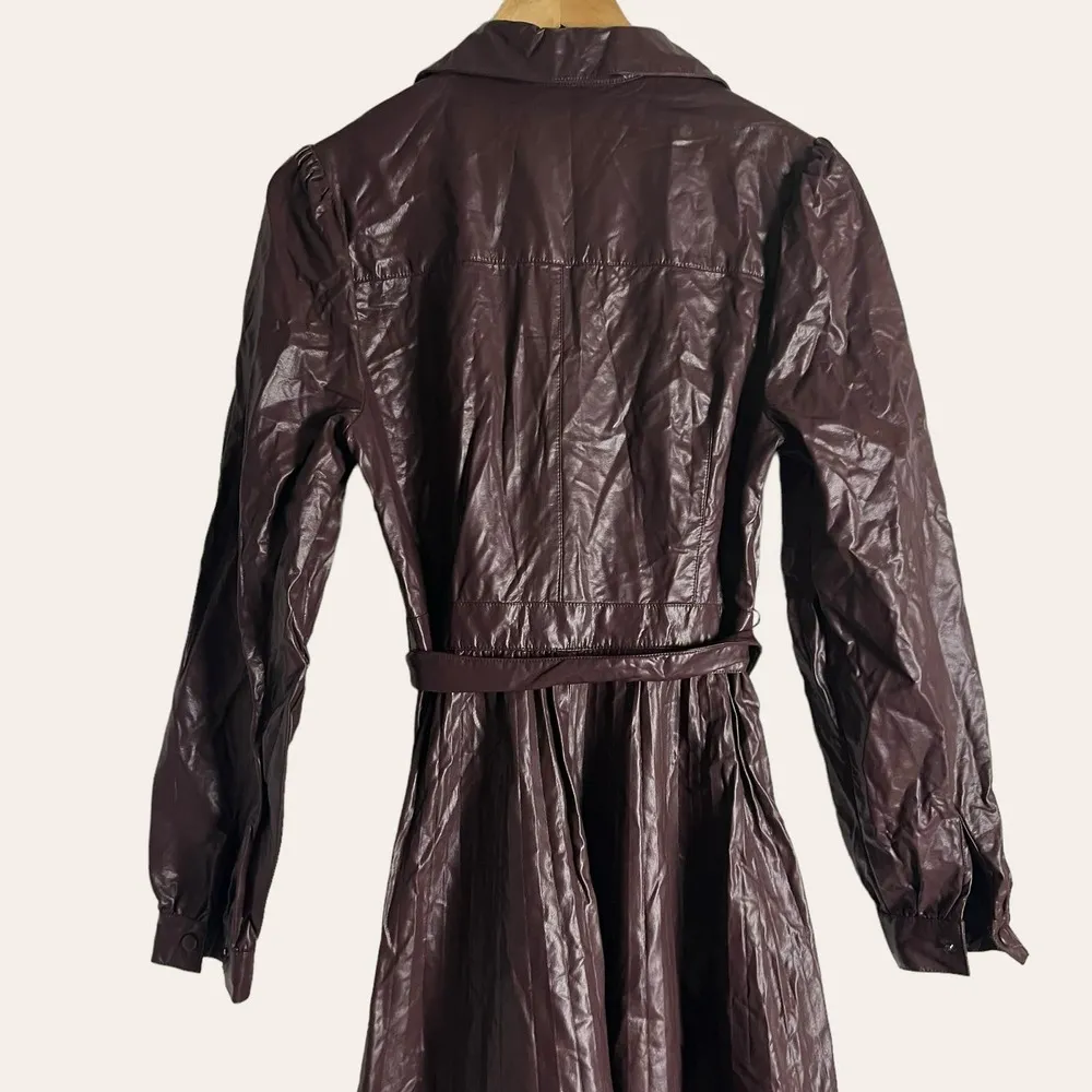 Peter Som Pleated Faux Leather Brown Long Sleeve Midi Shirt Dress Size 4 - Image 14