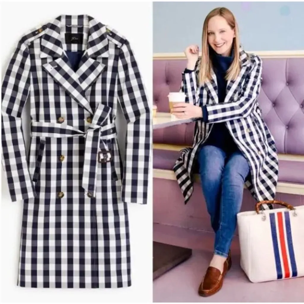 J. Crew NWOT Gingham Double Breasted Trench Coat Belted Navy White Women's 4 - Image 2