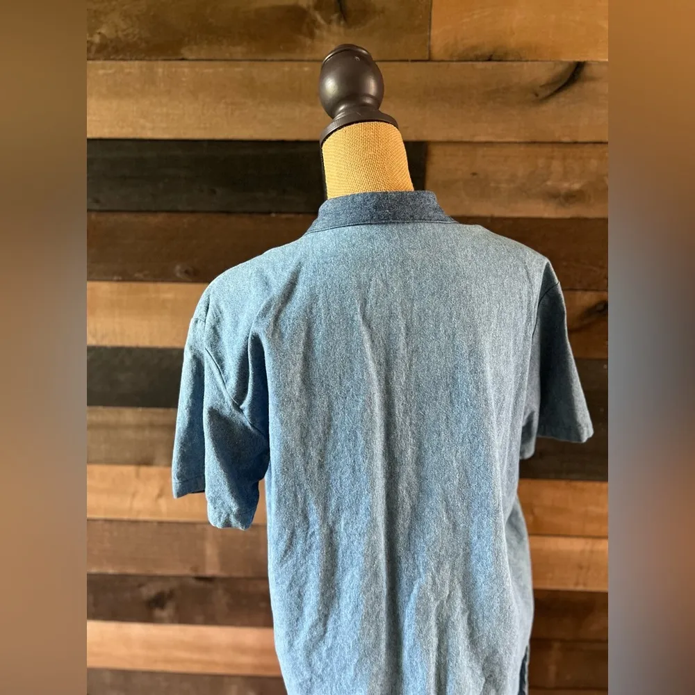 90s Vintage Teddi Blue Cotton Short Sleeves Patchwork Collared Button Up Shirt Size L - Image 9