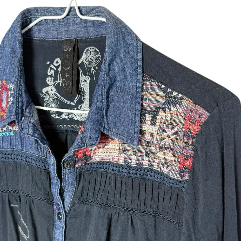Desigual Women’s Sz Medium Button Front Blouse Embroidery Long Sleeve - Image 7
